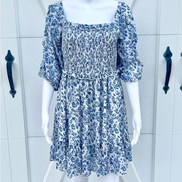 Revolve Super Natural by Secret Mission Blue Floral Chiffon Ruffle Peasant Dress - Picture 4 of 11